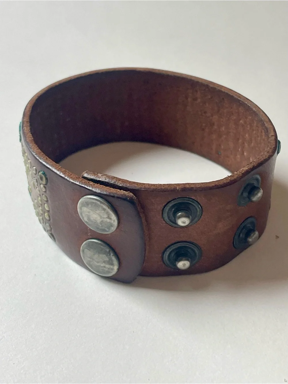 Brown Studded Leather Snap Cuff Bracelet
